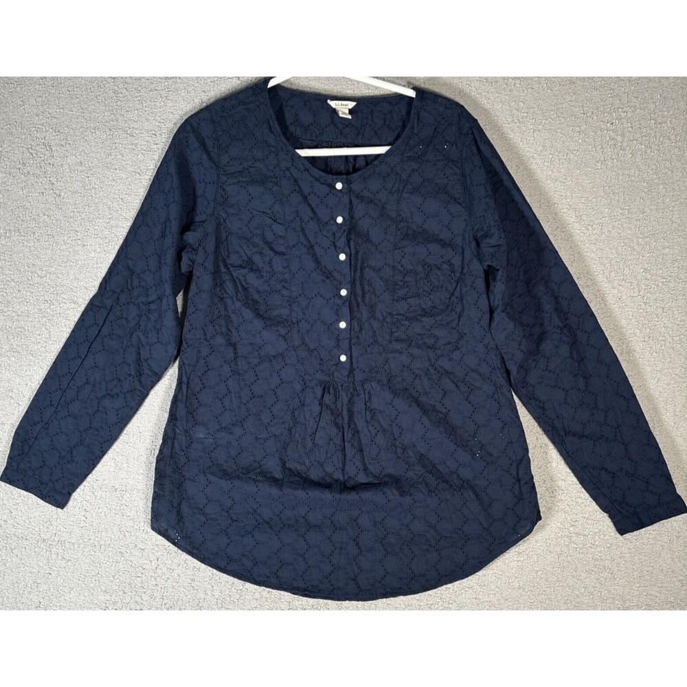 LL Bean Blouse Women's Size S Reg Navy Blue Floral Jacquard Eyelet Long Sleeve